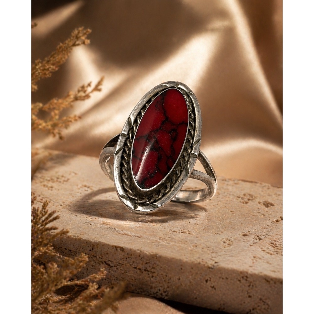 VTG Sterling‎ Silver Mexico Red Howlite Cabochon Statement Ring Size 5.5